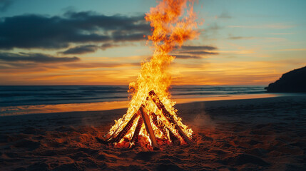 Fototapeta premium Large Blazing Bonfire on Beach at Sunset