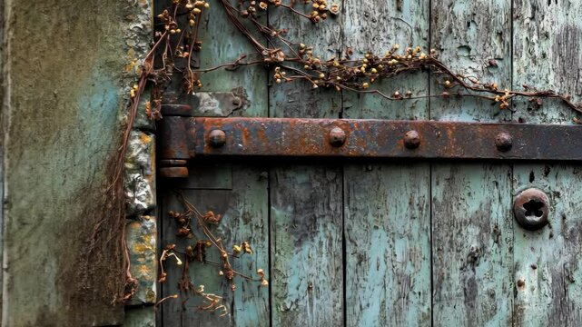 A close-up of a rusty hinge on a weathered wooden door, with dried vines hanging over the top