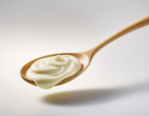 wood spoon with mayonnaise isolated on white background