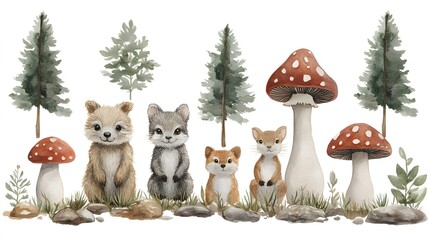 Naklejka premium An enchanting watercolor composition of forest animals with mushrooms and leaves, ideal for DIY decor or print designs