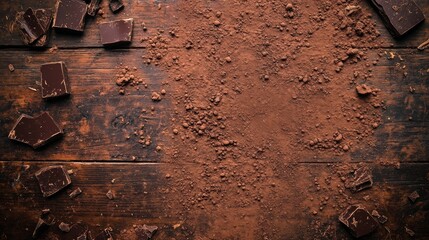 Scattered dark chocolate pieces and cocoa powder on a rustic wooden table create a tempting and indulgent scene, evoking rich brown tones and textures that radiate warmth and deliciousness