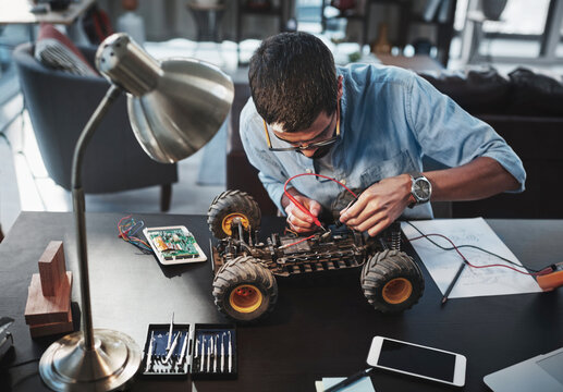 Home, man or car robotics for engineering with machine learning tools, development or electronic transport. Remote work, fixing or wires for vehicle electronics for creative toy. or circuit building