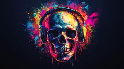 Vibrant human skull with colorful artistic headphones, surrounded by splashes of paint, on a dark background, evoking a sense of music and creativity