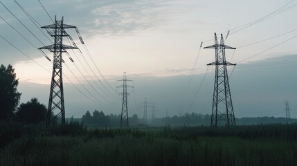Power Lines in Misty Field