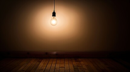 Dark empty room with single flickering light bulb casting long shadows, emphasizing absence of power and eerie atmosphere, minimalist setting with focus on light bulb's glow.