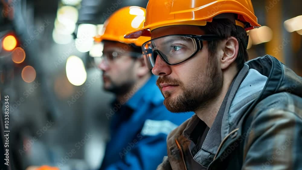 Poster Men in hard hats and safety gear focus intently on industrial computers as they conduct essential tasks in a busy factory environment, showcasing teamwork and technical expertise.