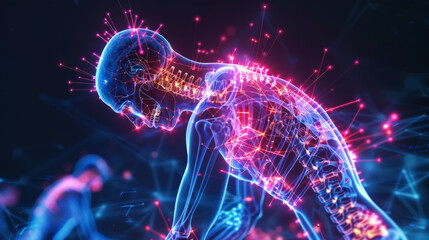 holographic visualization of human skeleton with glowing neural connections, illustrating pain points and targeted therapy. vibrant colors create striking effect