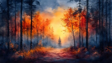 Obraz premium Mystical enchanted forest with glowing paths, vibrant watercolor trees, and whimsical creatures