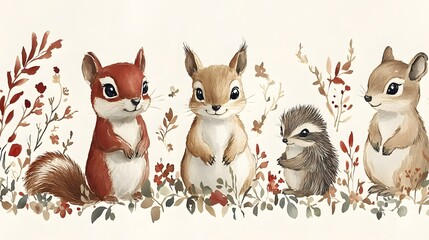 Fototapeta premium Autumn-themed woodland animals hand-painted in watercolor, featuring squirrels, hedgehogs, and birds among falling leaves