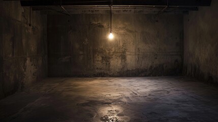 Obraz premium Dark empty room with single flickering light bulb casting long shadows, emphasizing absence of power and eerie atmosphere, minimalist setting with focus on light bulb's glow.