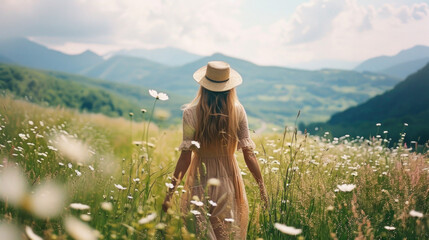 A woman in a straw hat strolls through a field of blooming daisies