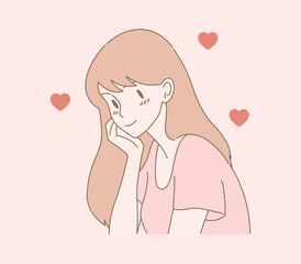 Shy woman falling in love. Cheeks turning red. Heart shape behind.  Hand drawn flat cartoon character vector illustration. 