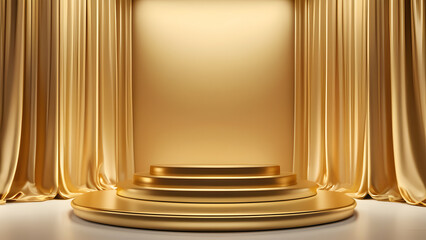 Golden luxurious fabric or cloth placed on top pedestal or blank podium shelf on gold background with luxury concept. Museum or gallery backdrops for product. 3D rendering