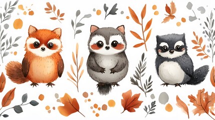 Obraz premium Hand-painted watercolor autumn woodland animals with vibrant orange and brown tones, perfect for seasonal cards