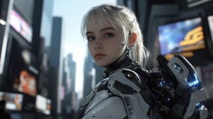 Portrait of blonde cyborg woman strolling through futuristic city with robotic body