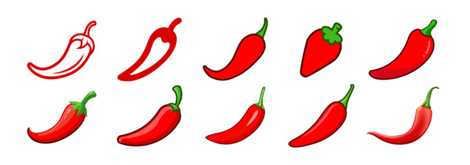 Red hot natural chili pepper icons set. Vector Asian and Mexican spicy food and sauce. Spicy chili pepper isolated on transparent background