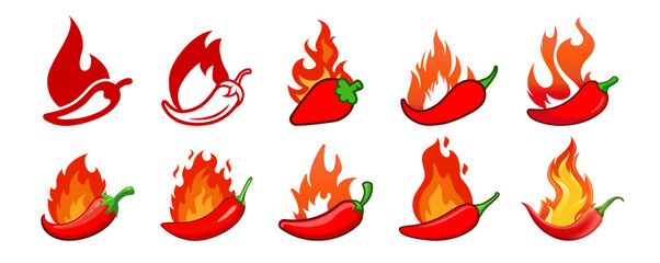 Hot chilli pepper set with fire. Red Hot Chili designs vector isolated on transparent background