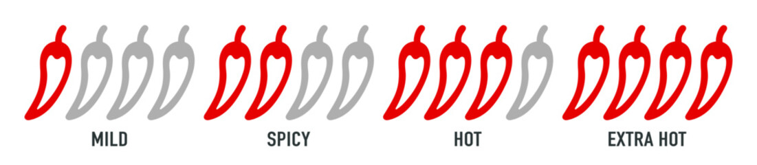 Spicy chili pepper hot fire flame icons. Spice level marks: mild, spicy, hot and extra hot. Fire Chili logo symbol. Spice food symbol icon