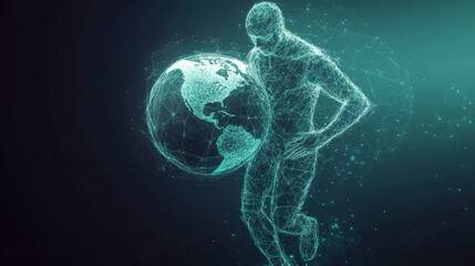 Futuristic wireframe polygon figure of a man carrying a globe, presented as a modern abstract graphic of Atlas.




