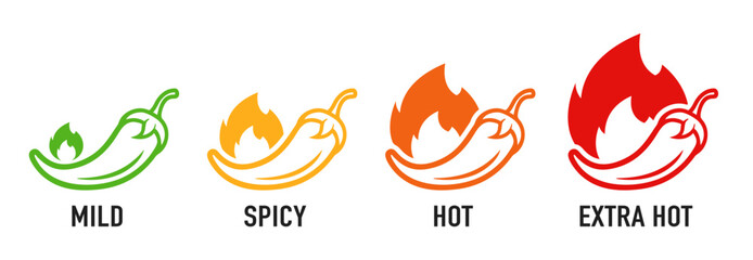 Spice level marks: mild, spicy, hot and extra hot. Symbol of pepper with fire. Vector spicy food mild and extra hot sauce, chili pepper red icons