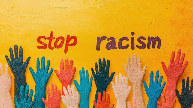 A group of Colorful hands are painted on a yellow background with the words "Stop Racism"