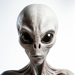 Close-up of a realistic alien character with large black eyes and wrinkled skin, evoking a sense of mystery and otherworldliness.