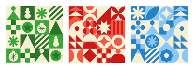 Geometric set monochrome seamless patterns. Trendy abstract swiss background. Red, blue and green colors. Vector illustration	