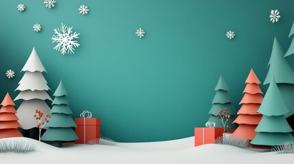 Festive Christmas Scene with Paper Cut Trees and Snowflakes