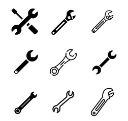 Wrench liner and solid icon set in black and white color Vector