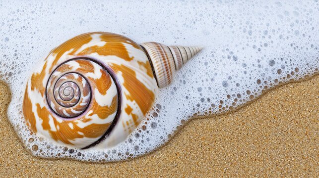 A seashell with a spiral pattern lies on a sandy beach partially covered in foamy waves.