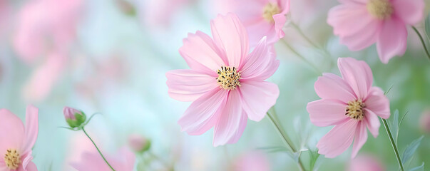 Obraz premium A soft and dreamy composition of pink cosmos flowers in full bloom, set against a pastel-toned background