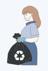 Woman holding trash bag. Volunteer carrying garbage bag. Recycle icon isolated. Hand drawn flat cartoon character vector illustration.