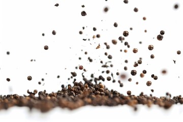Naklejka premium High-Quality Image of Falling Black Peppercorns Isolated on White Background, Perfect for Culinary and Food Industry Using, Recipe Books, and Cooking Blogs