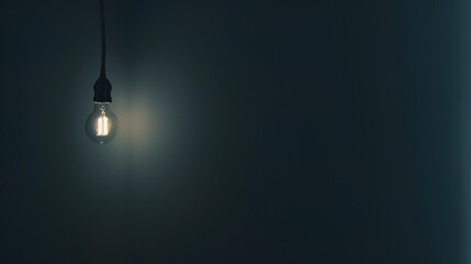Dark empty room with single flickering light bulb casting long shadows, emphasizing absence of power and eerie atmosphere, minimalist setting with focus on light bulb's glow.
