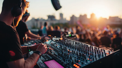 Technicians configuring sound equipment on rooftop during sunset, creating energetic atmosphere for crowd