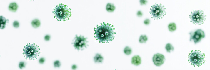 Green Covid, respiratory virus molecules, on a white background, in the air. Banner template 3d seasonal flu, rotavirus, pandemic and epidemic formation, advertising and news