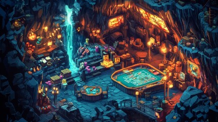 Mountain cave casino with pixel art poker goat racing troll regeneration daynight cycle