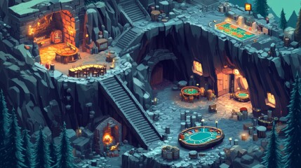 Obraz premium Mountain cave casino with pixel art poker goat racing troll regeneration daynight cycle