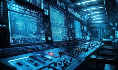 Obraz premium Futuristic Control Room with Digital Interface