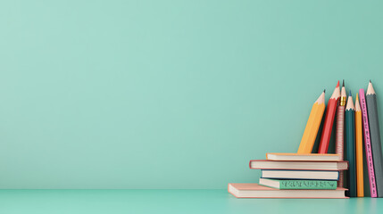 Fototapeta premium Colorful stacked books and pencils on a mint green background, creating a vibrant and inviting workspace for study and creativity.