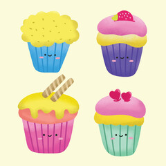 Set of cute cupcake. Collection of kawaii sweet dessert characters. Suitable for flat design graphic illustration, clip art, stickers, etc