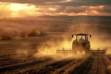 Naklejka premium Tractor cultivating field at spring tractor agriculture outdoors.