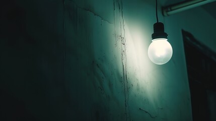 Dark empty room with single flickering light bulb casting long shadows, emphasizing absence of power and eerie atmosphere, minimalist setting with focus on light bulb's glow.
