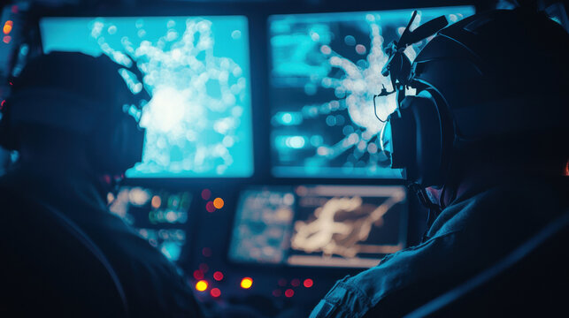 High tech military personnel monitor sonar data on submarine, showcasing advanced technology and teamwork in dimly lit environment. atmosphere is focused and intense