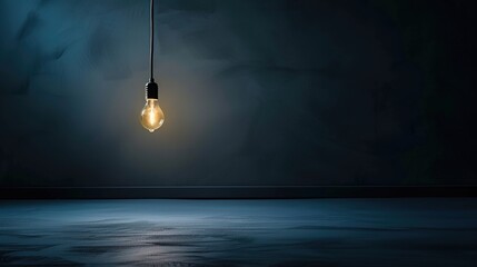 Dark empty room with single flickering light bulb casting long shadows, emphasizing absence of power and eerie atmosphere, minimalist setting with focus on light bulb's glow.