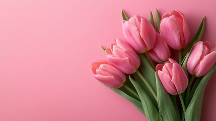 Obraz premium A bouquet of pink tulips on a soft pink background.