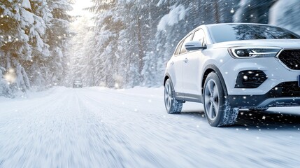 A sleek gray luxury car navigates a winding snowy road, showcasing its elegance against a backdrop of winter trees and distant mountains under bright blue skies