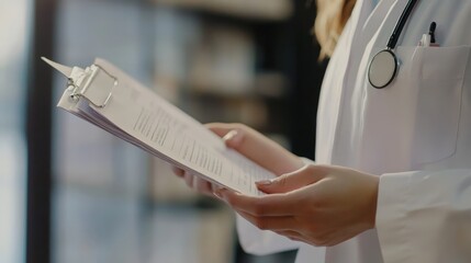 Nurse in white coat Checking paperwork