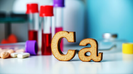 Image of 'Ca' letters before test tubes and medical tools, highlighting calcium's significance in health