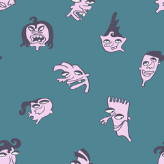 Seamless background with funny faces of anthropomorphic creatures. Humorous characters with different emotion